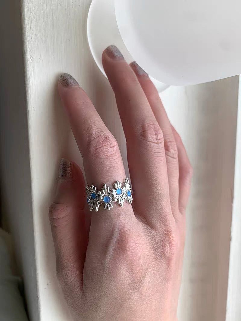 Blue flower silver open ring