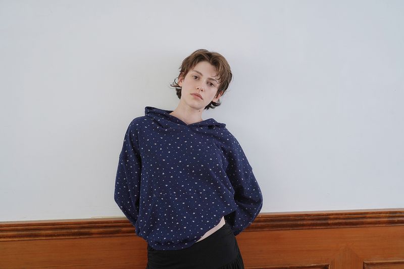 Floral waffle hoodie_navy