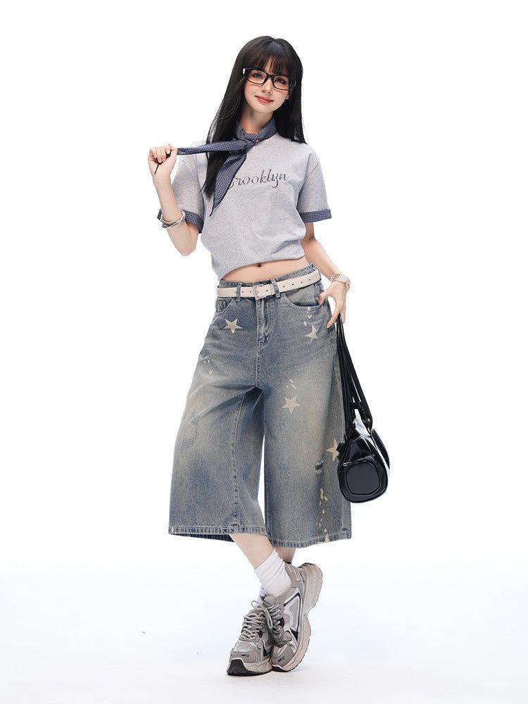 ヴィンテージスター プリントウォッシュド ワイドクロップドデニムパンツ
