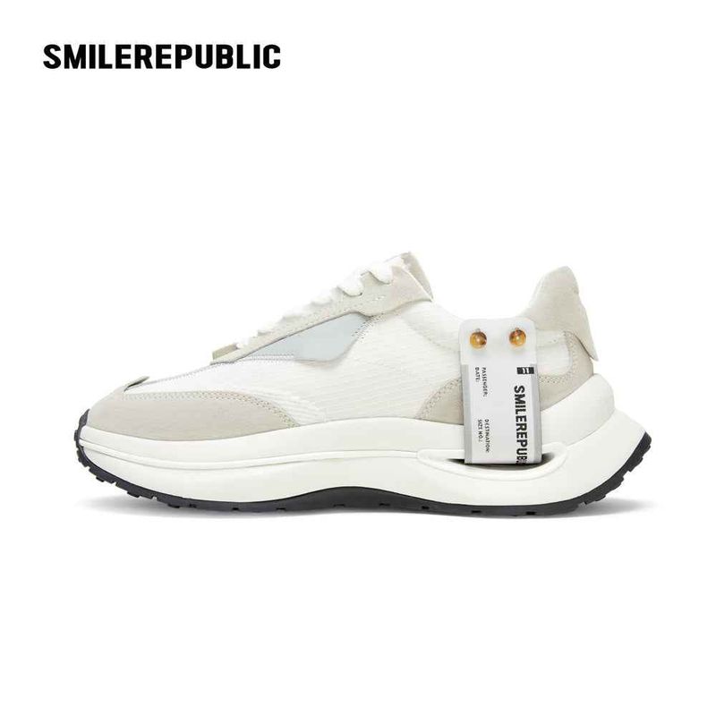 SMILEREPUBLIC（スマイルリパブリック）の「White and Gray Retro Runner Sneakers with Airplane Ticket Tag, Unisex Low Top（Shoes）」