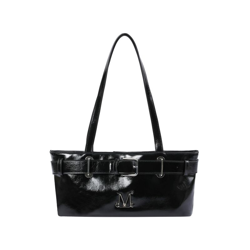 SENTIC METAL LOGO FRONT BELTED LEATHER SHOULDER BAG UNISEX