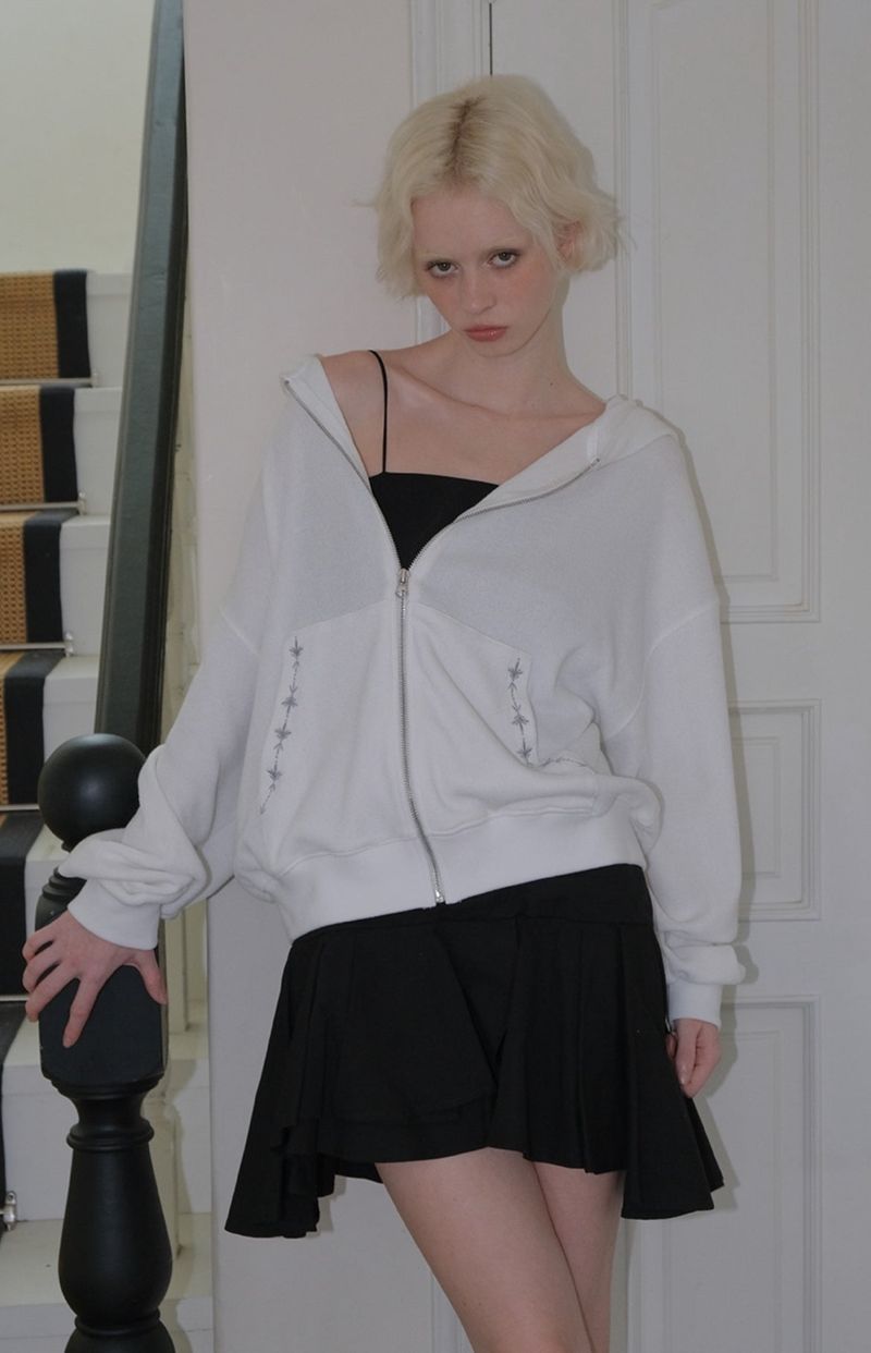 C HOODED KNIT ZIP-UP_ WHITE