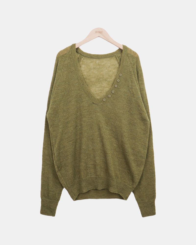 Diang Deep V-Neck Button Mohair Long-Sleeve Knit