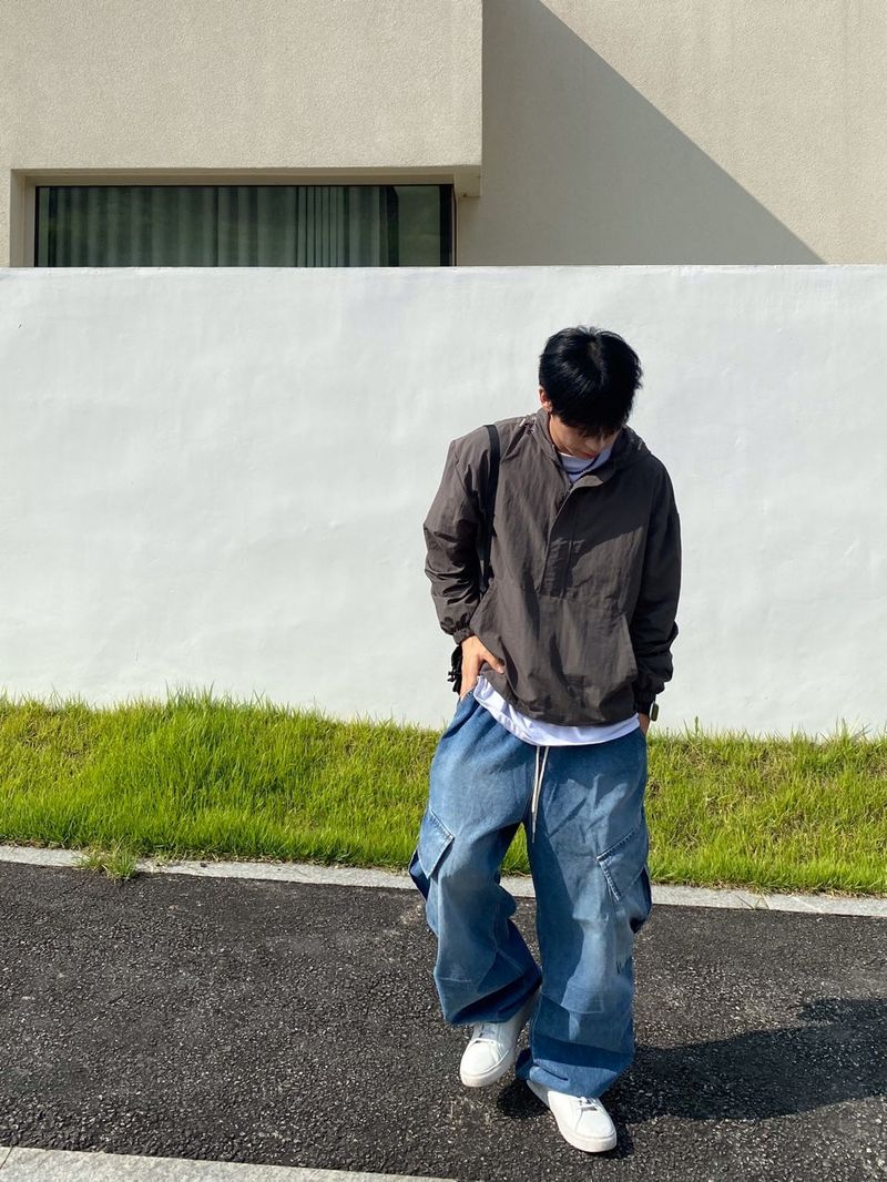Washing diagonal balloon cargo denim pants 2C