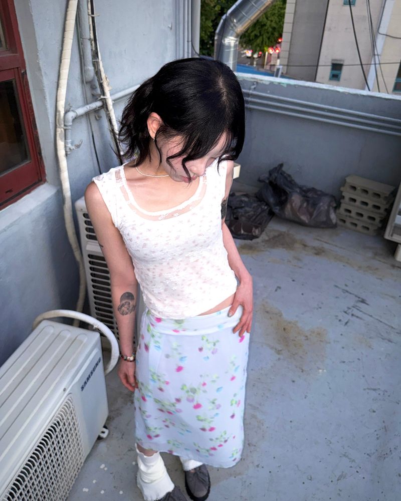 (2color) Smudge Flower Silky Skirt