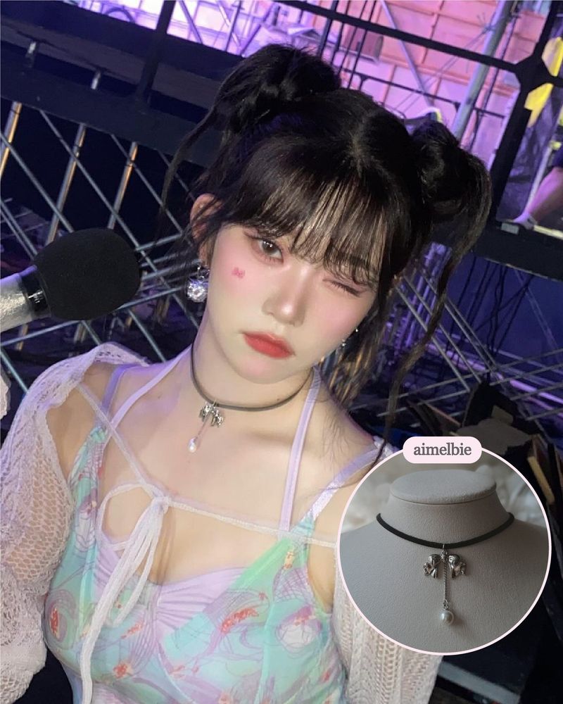 [IVE Wonyoung Necklace] Romantic bow and pearl drop choker - Silver Color
