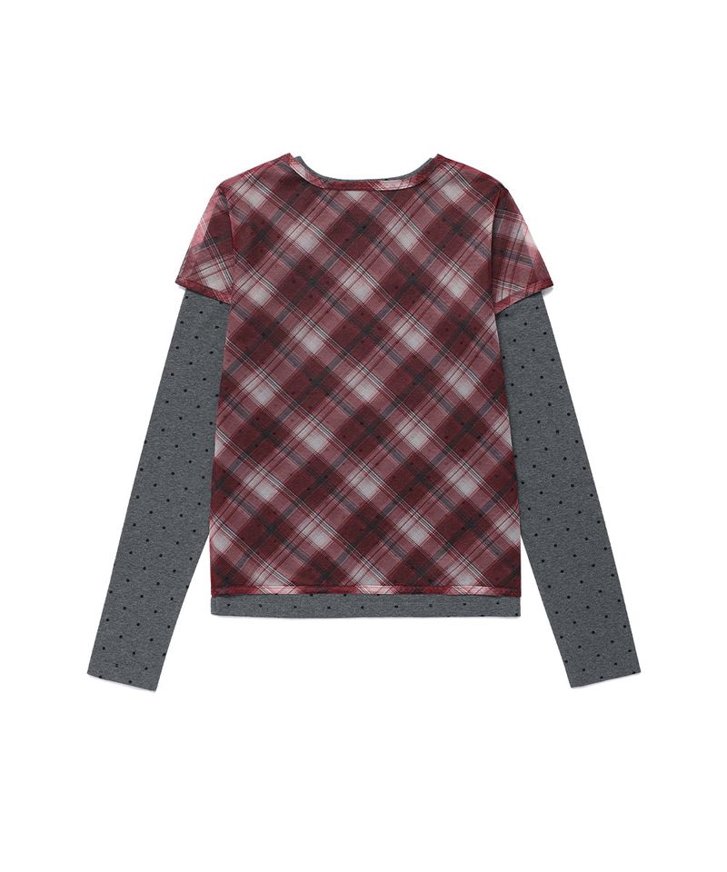 SHEER CHECK LAYERED LS TEE BURGUNDY(CV2GFFT557A)