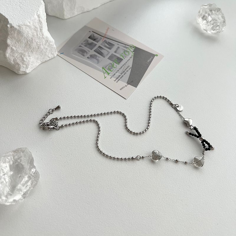 bru Ballet Core Stainless Steel Titanium Ribbon Black Beads Heart Short Layered Necklace