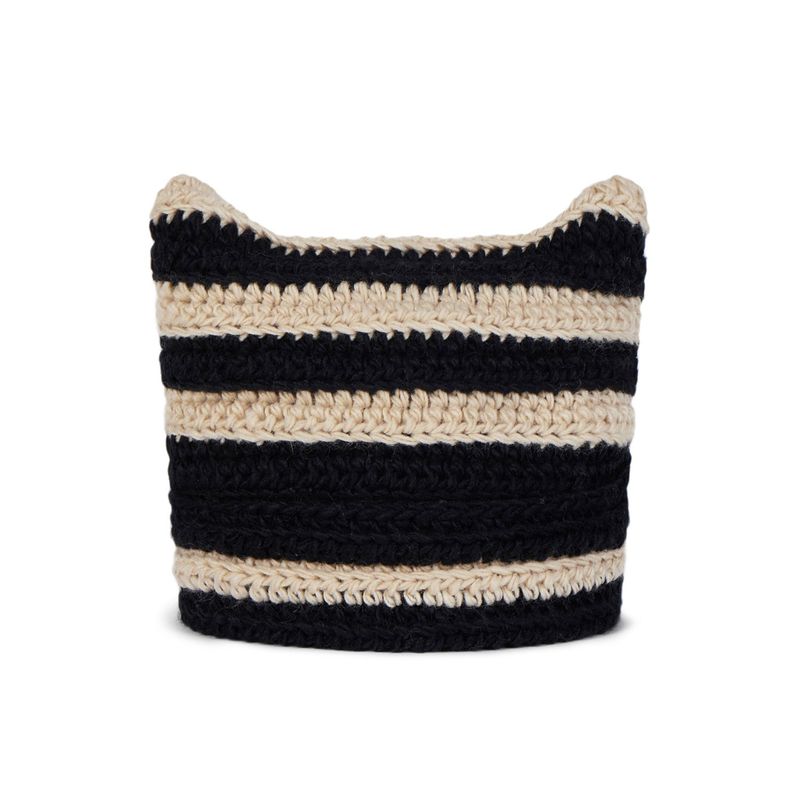 Square Label Stripe Crochet Beanie / Black