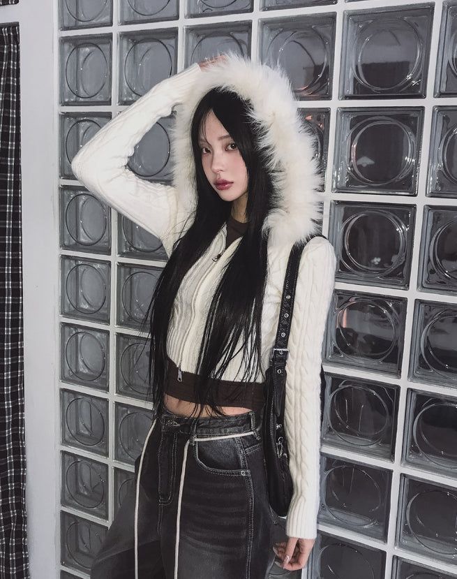 Rinco Cable Knit Fur Hood Zip-Up