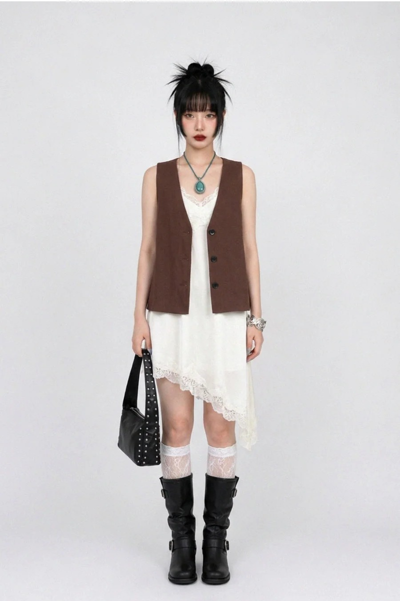 NATURAL LINEN BUTTON VEST (BROWN, BLACK 2COLORS!)