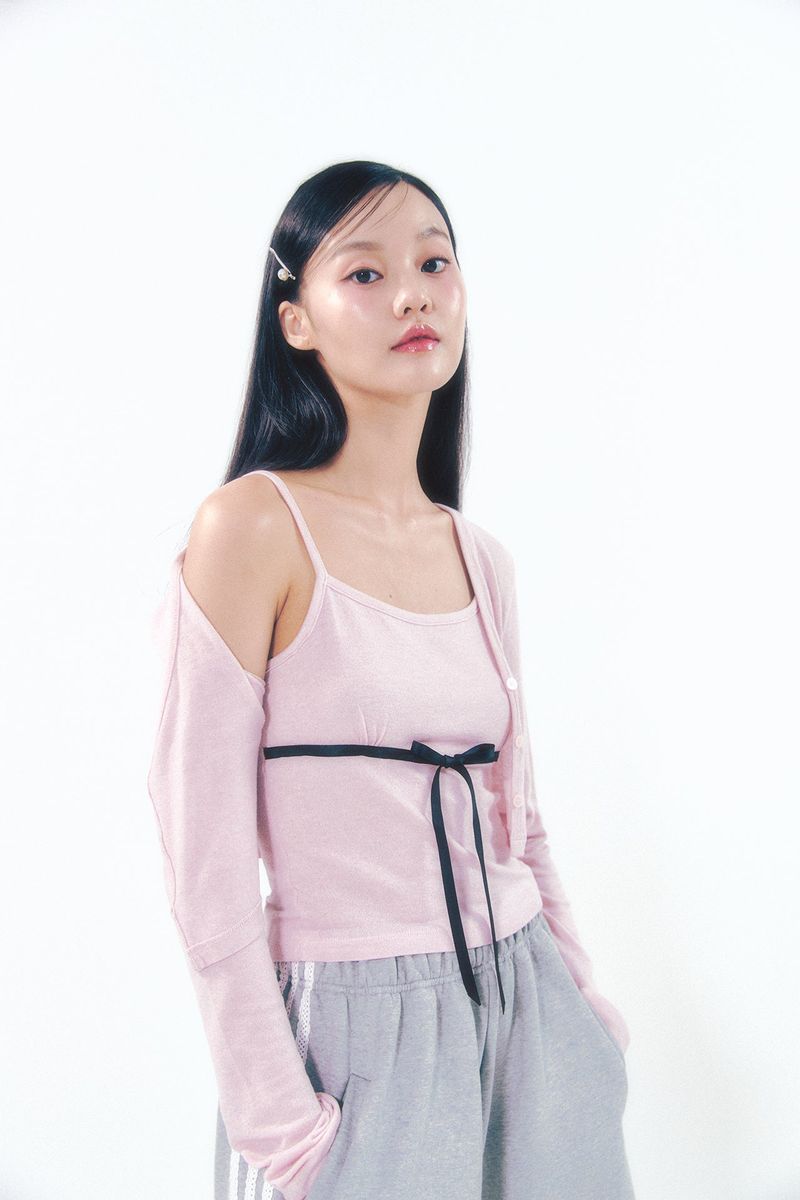 Knit Ribbon Shirring Top Set Pink