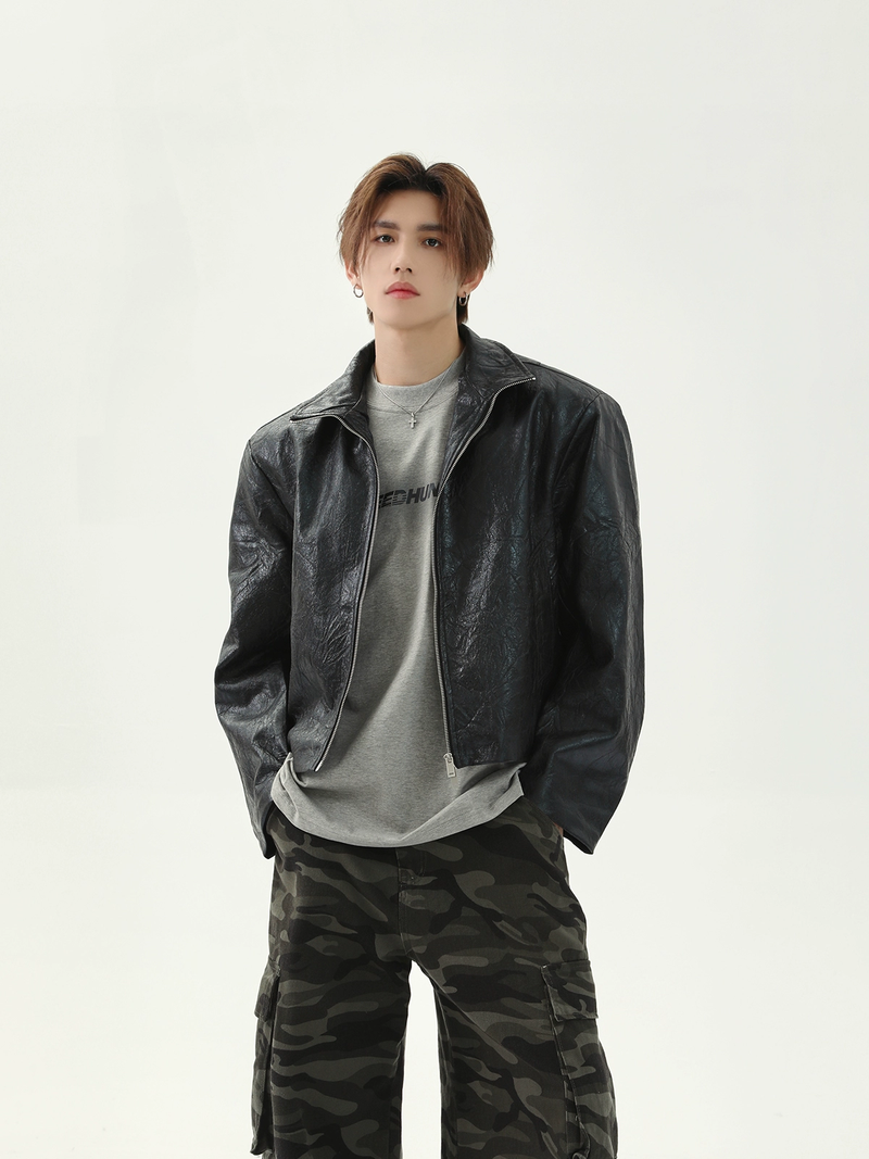 Distressed PU Leather Cropped Jacket