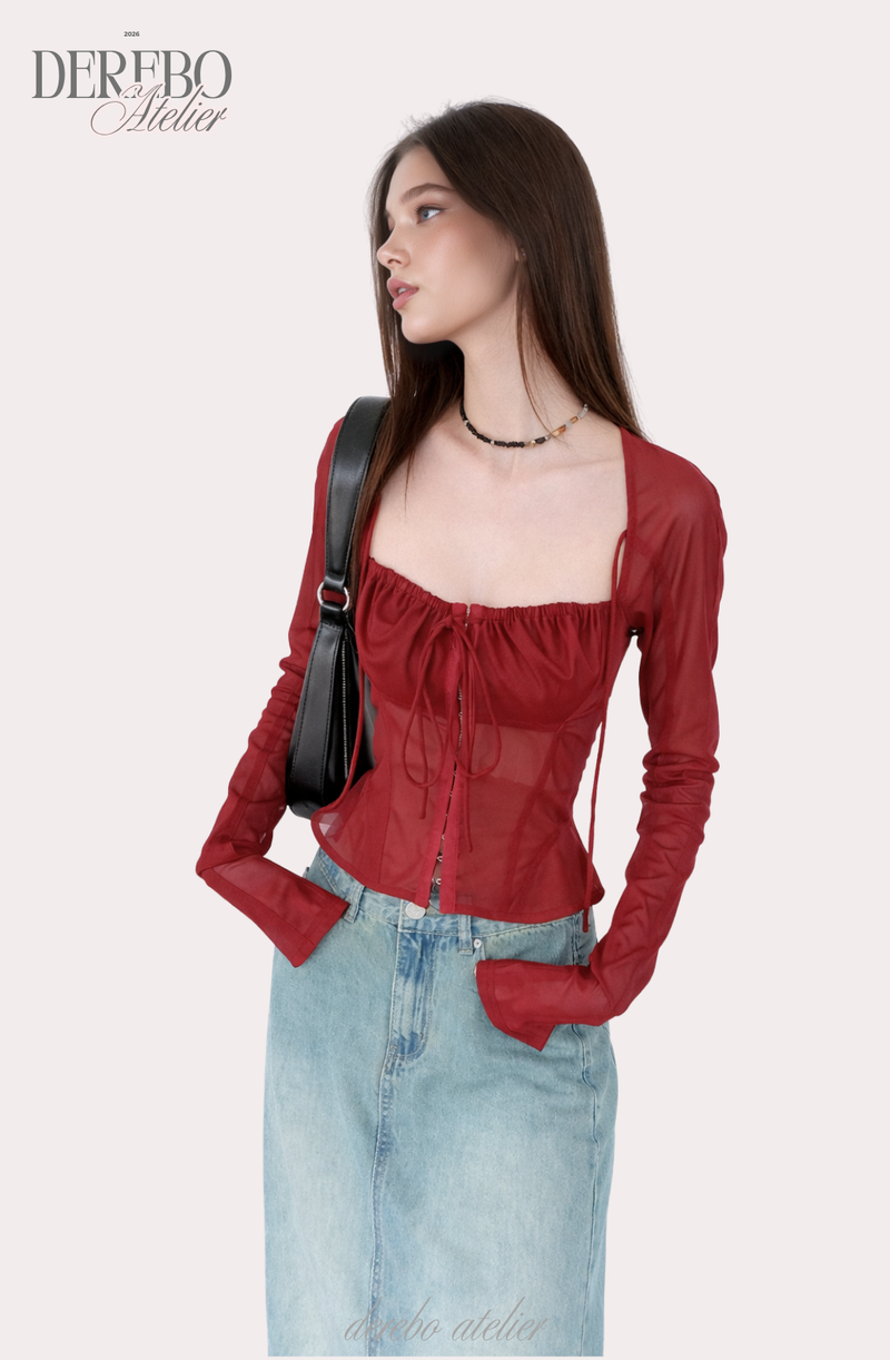 red square chiffon long-sleeve blouse