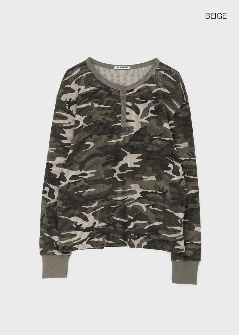 [MADE] Paette Camo Waffle Henley Neck Long Sleeve Tee