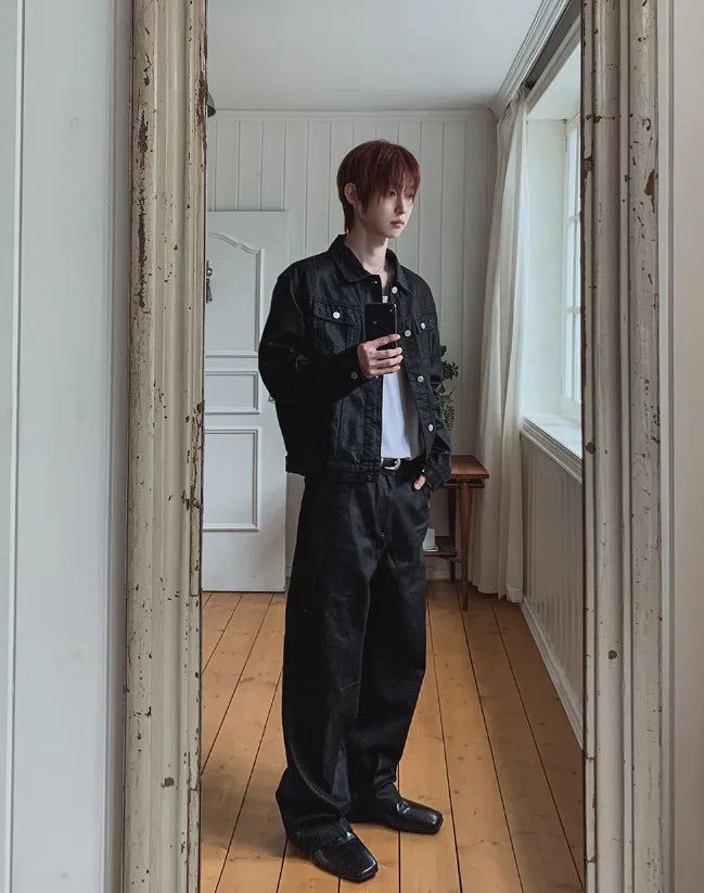 Canto Coated Black Denim Wide Pants