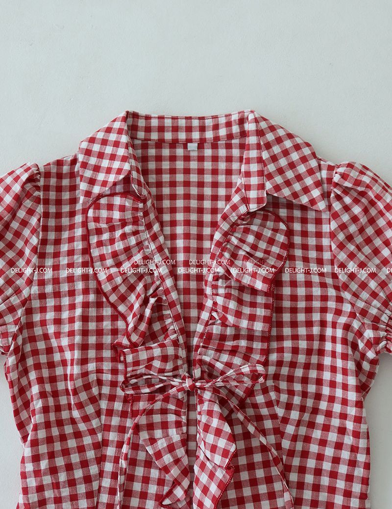 checkered frill short-sleeved shirt blouse