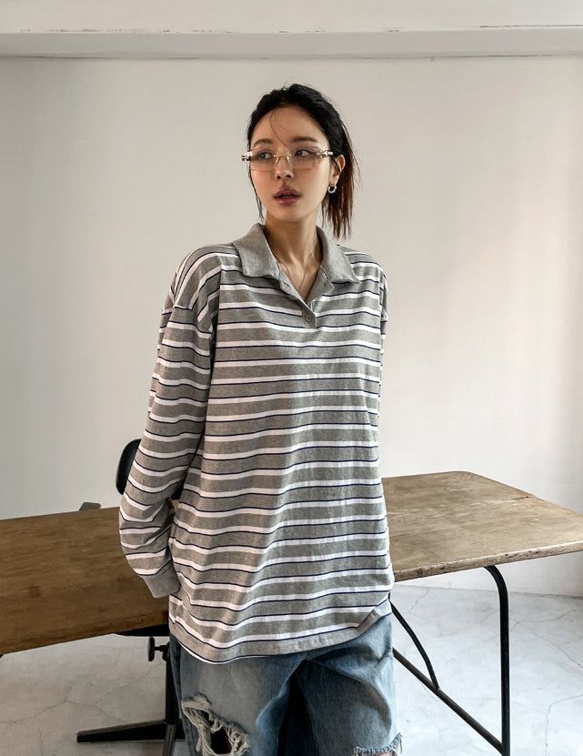 Twoin Stripe Rugby Collar Sweatshirt