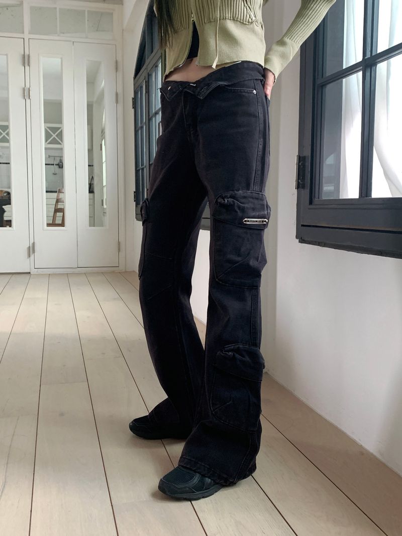 Anton cargo pocket black and blue bootcut denim pants