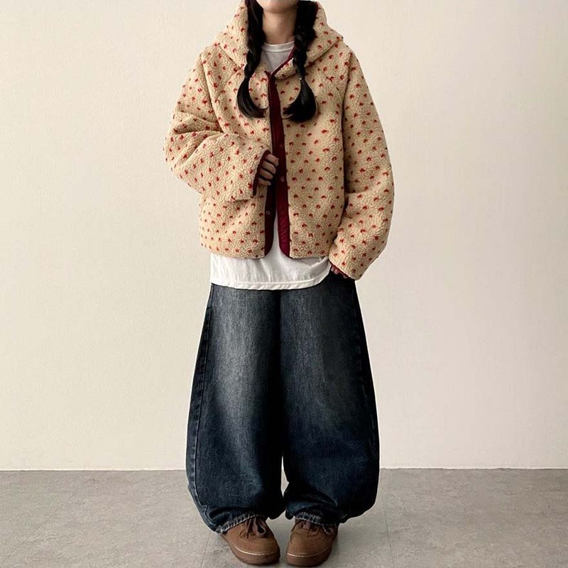 [Double-sided/Reversible*] PN Heart Pattern Fleece Hooded Jumper