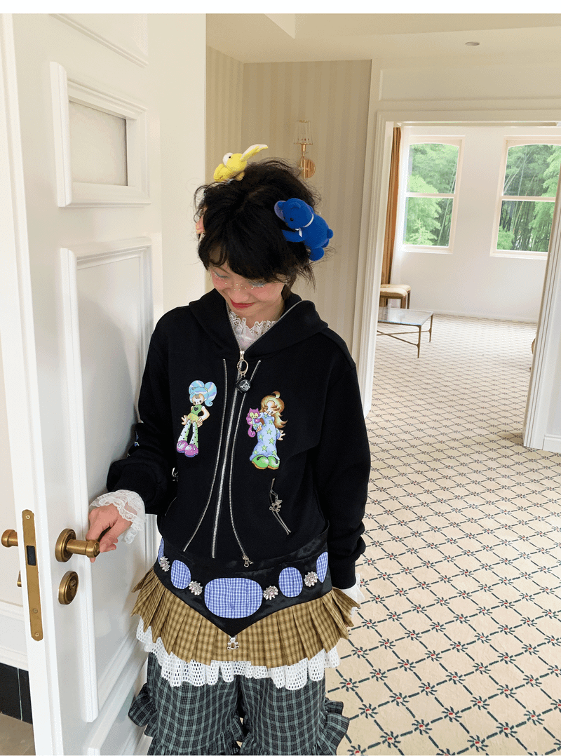 sillysis 黒のかわいい女の子イラスト、両頭金属ジッパー構造感スウェットパーカー