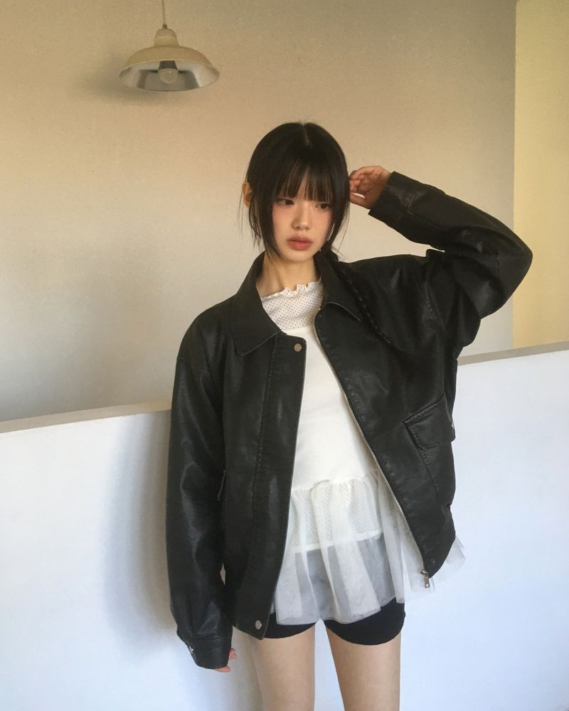 [MADE] Bloom Vintage Washing Pocket Oversized Leather Jacket