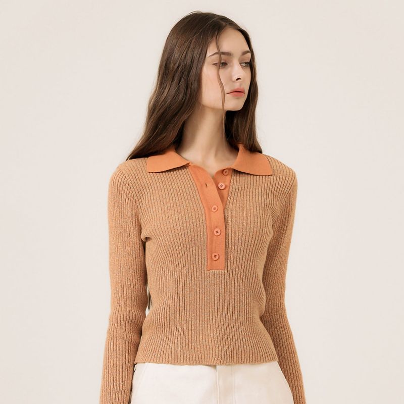 COLOR BLOCK LONG SLEEVED POLO KNIT - DEEP BEIGE