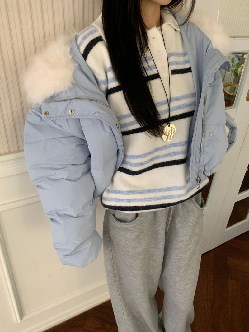 Ice Bloom Fur-Collar Duck Down Short Puffer