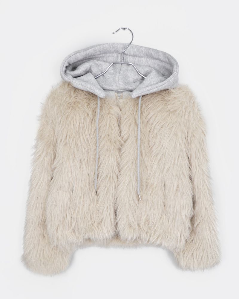 Hoa Color-block Hooded Zip-up Fur Jacket