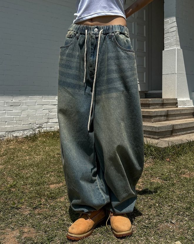 Fit String Banded Balloon Denim Pants