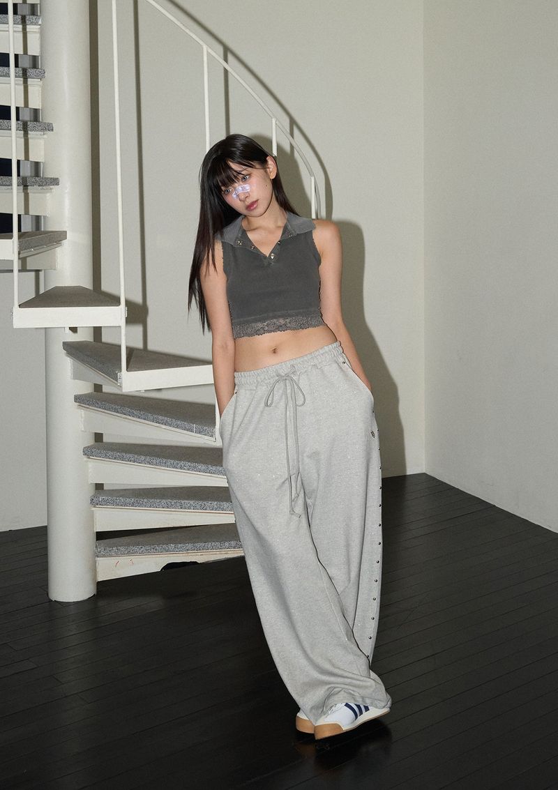 (2nd reorder) stud lace pk top - charcoal