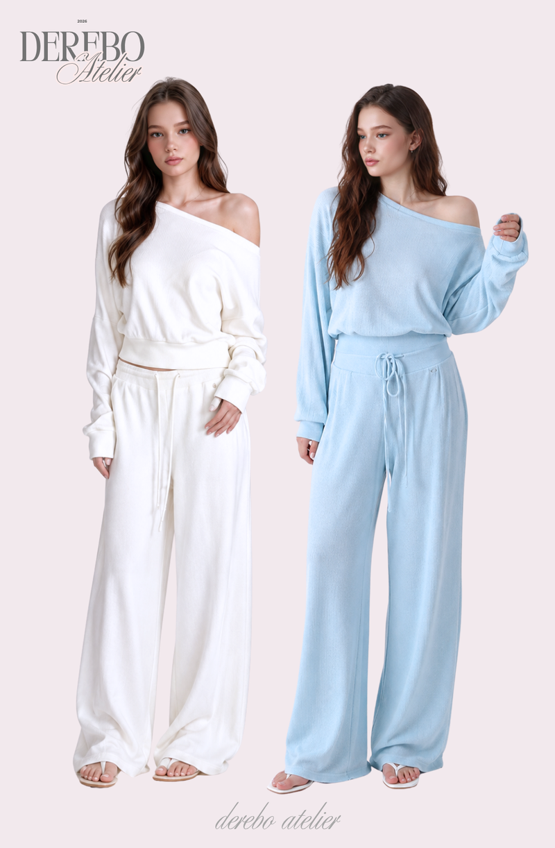 Waffle Asymmetrical Off-Shoulder Sweat Pants Set (TOP+PANTS SET)