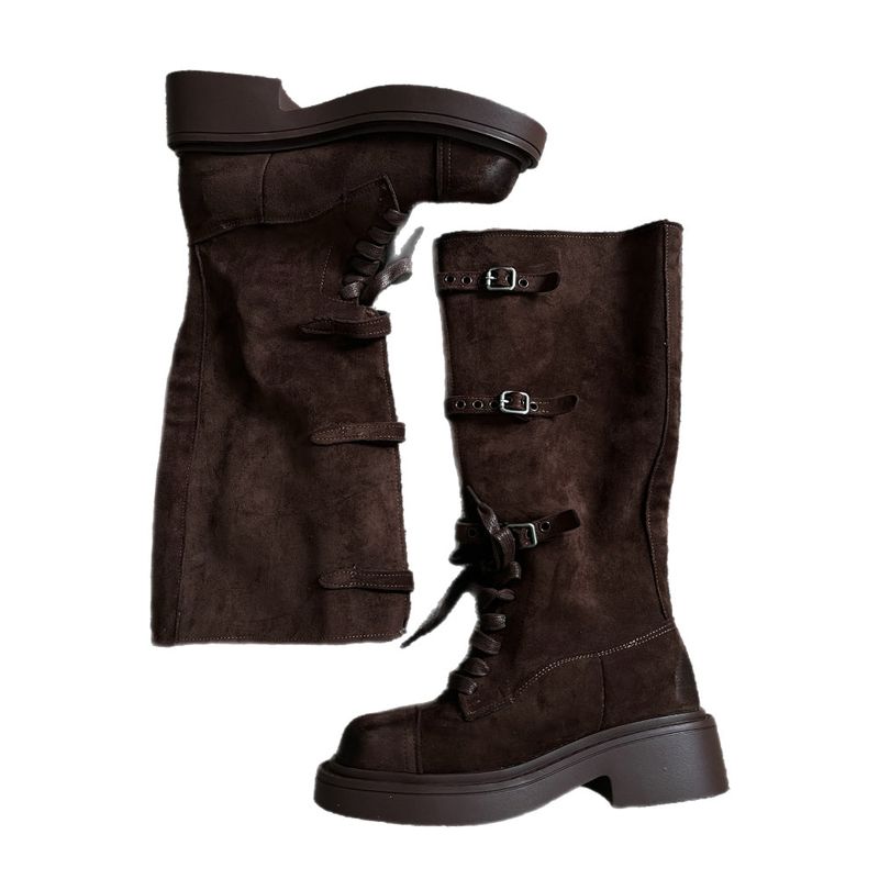 Kelvo Triple Buckle Belt Lace-Up Suede Oversole Long Boots (2 Colors)