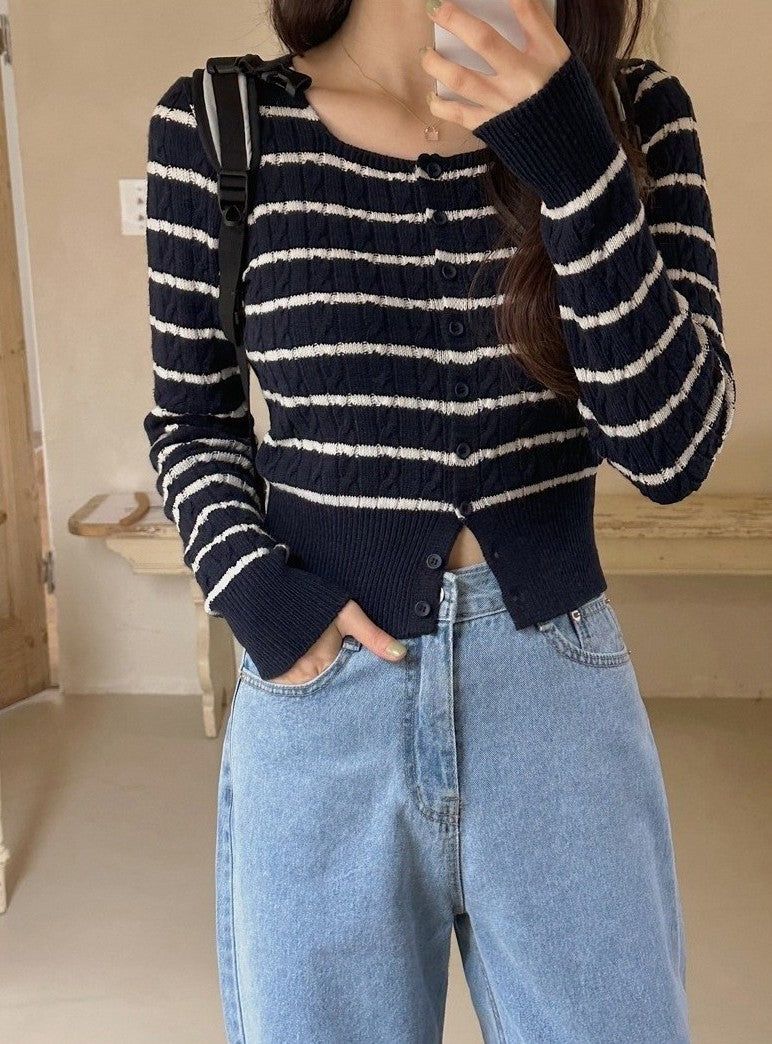 SHOPPERLAND（ショッパーランド）の「ボーダーカシミアケーブルニットカーディガン (5color)（トップス）」