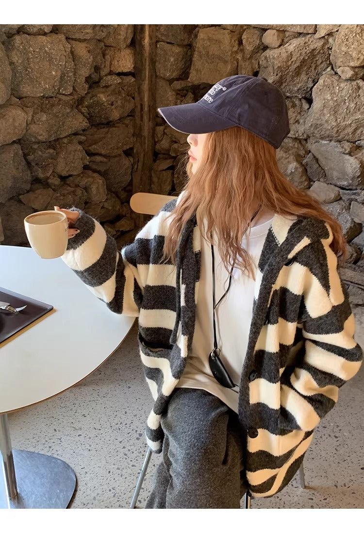 wool knit striped hooded over cardigan
