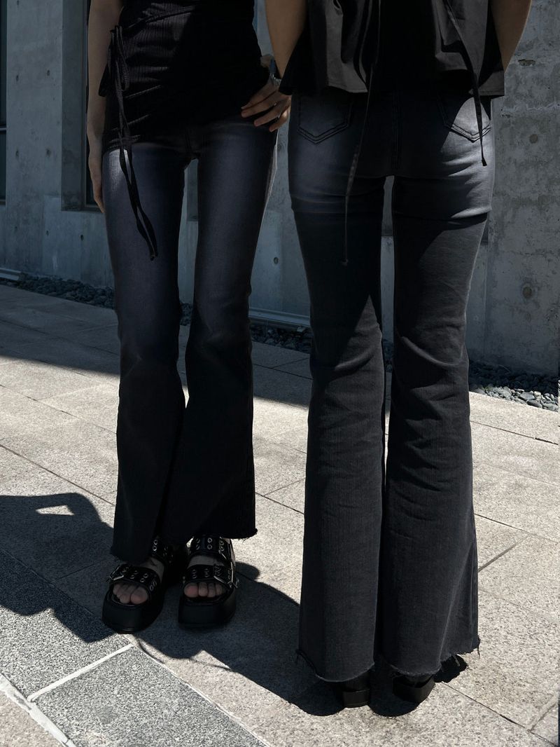 Gradient Washed High Waist Span Long Bootcut Denim Pants (Black)