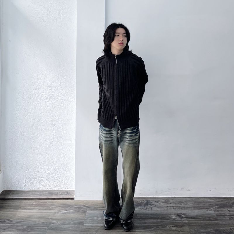 High-Neck Stripe Knit Jacket