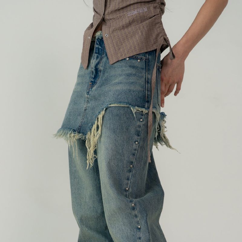 STUD DENIM SKIRT LAYERED PANTS (BLUE)