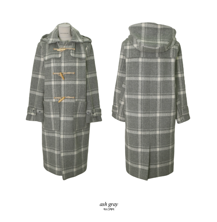 [SHOPPERMADE] Ash Gray Check Wool Long Duffle Coat