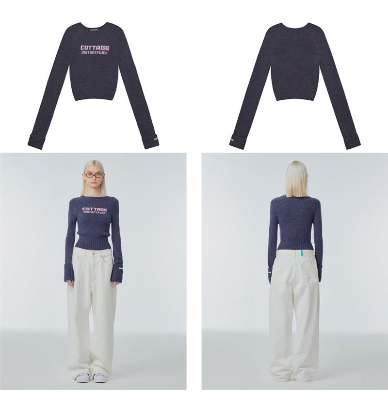 Cropped needlework wool-blend sweater