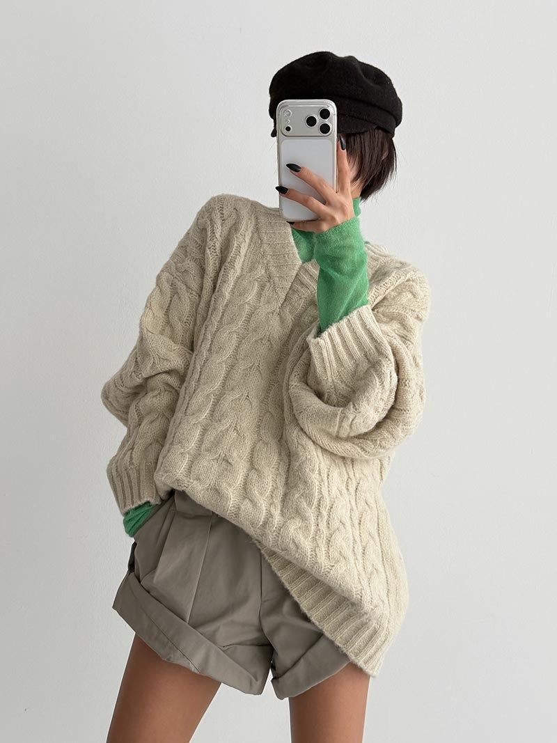 ASCLO Wool Craft Twist V Neck Knit (3color)