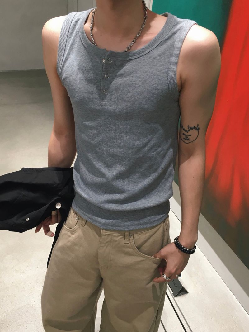 Fog Ribbed Henley Neck Sleeveless 3C