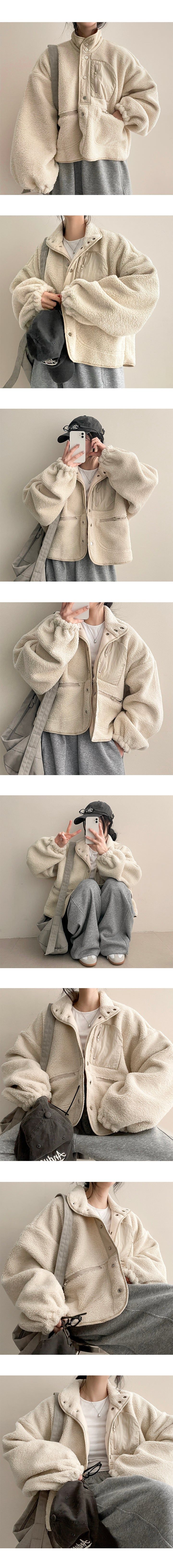 Acet Color High-Neck Soft Wool Zipper Snap Jacket