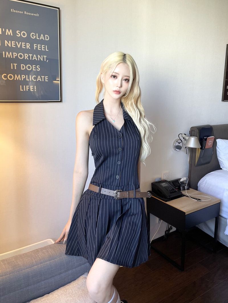 Seow（ソウ）の「1280. Stripe halter low belt pleats mini ops（Dresses）」