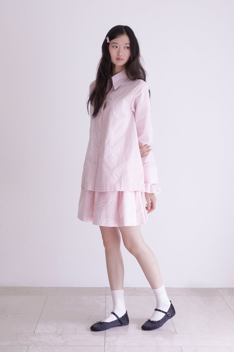 Gingham check pocket shirring mini skirt (PINK)