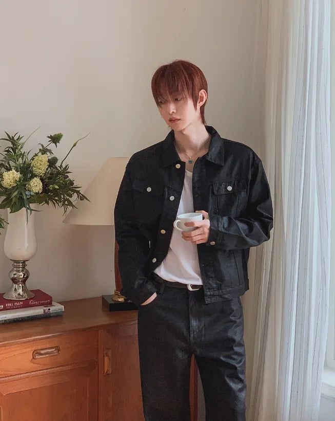 Kanto Coated Black Denim Trucker Jacket