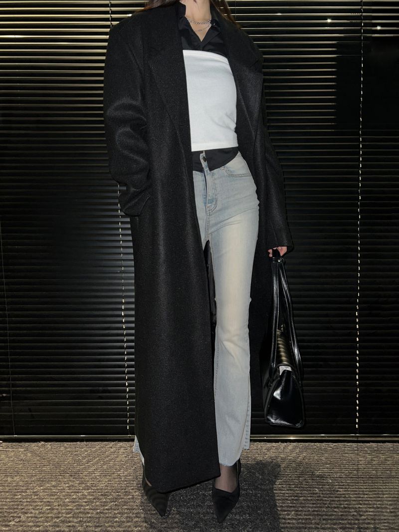 [UNISEX] Wool back button maxi long coat (Black)