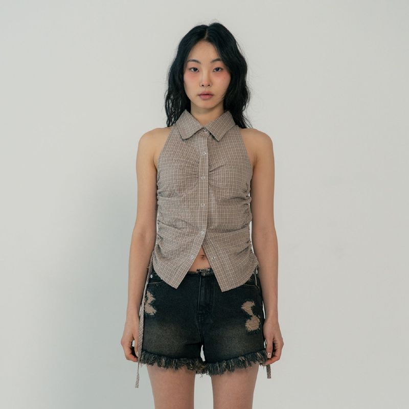 SLEEVLESS SHIRRING SHIRTS (BEIGE)
