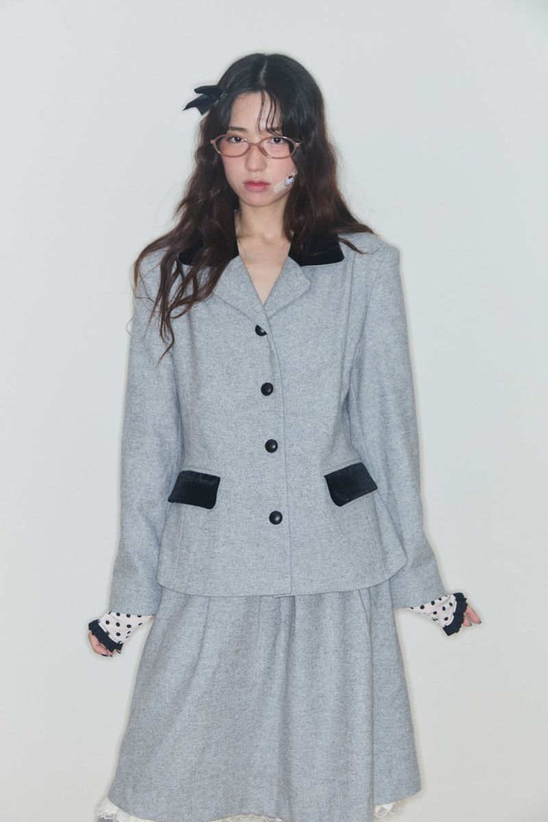 VELVET DOT COLLAR WOOL JACKET (GREY)
