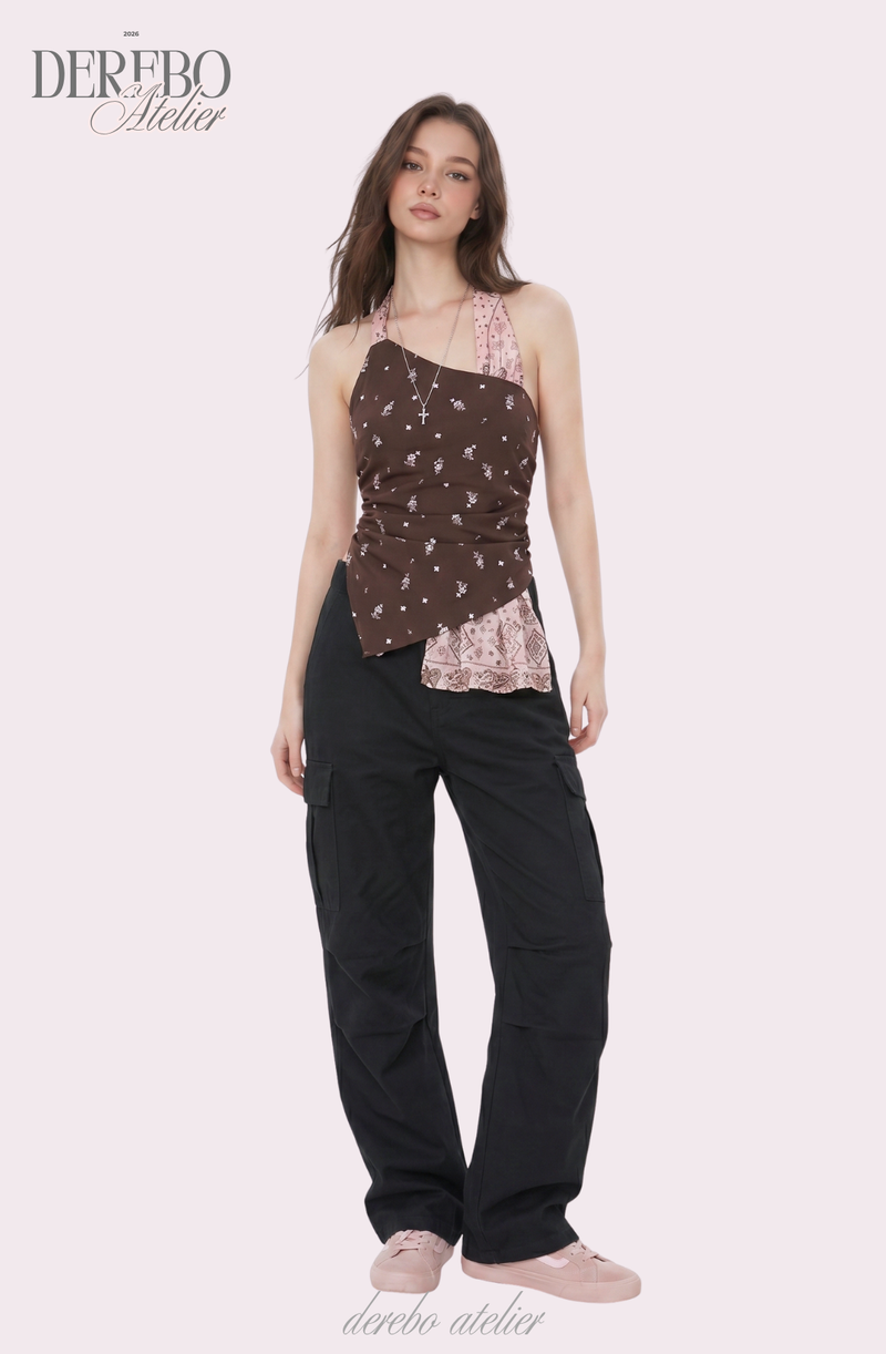 Pink brown scarf unbalanced sleeveless top